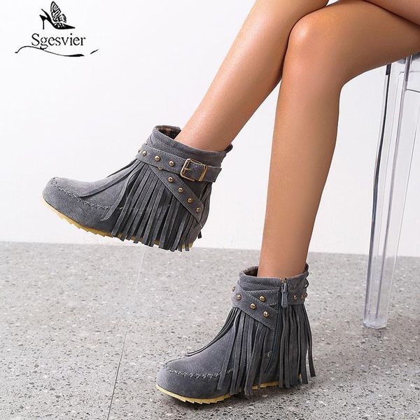 

boots sgesvier autumn winter female short folk-custom faux nubuck fringed buckle strap rivet ankle for women black lady shoes