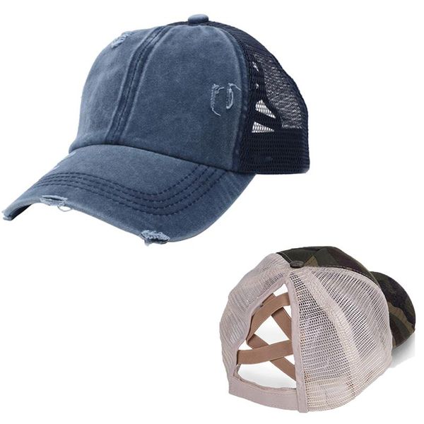 

outdoor hats ponytail baseball cap women distressed washed cotton trucker caps casual summer simple breathable hat, Black;white