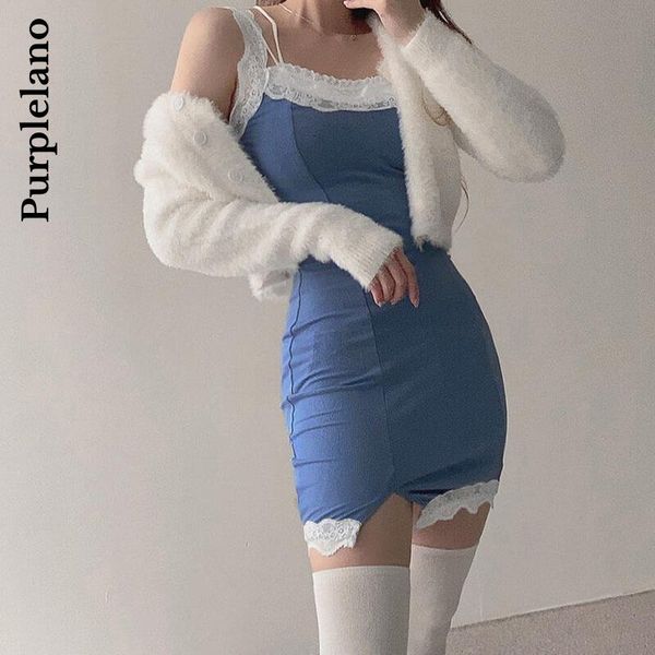 

casual dresses summer lace hemming blue bodycon dress slit slim cute girl party club streetwear purplelano, Black;gray