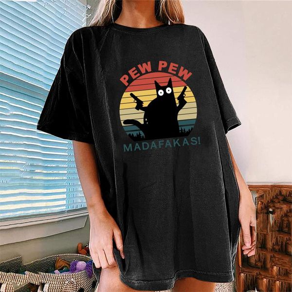 

women's t-shirt harajuku shirt for ladies pew madafakas cat funny drop shoulder graphic tee t shirts women 2021 summer loose clothes, White