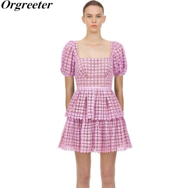 

summer elegant purple short lace dress women's square collar puff sleeve hollow hook flower layered cake dresses 210525, Black;gray