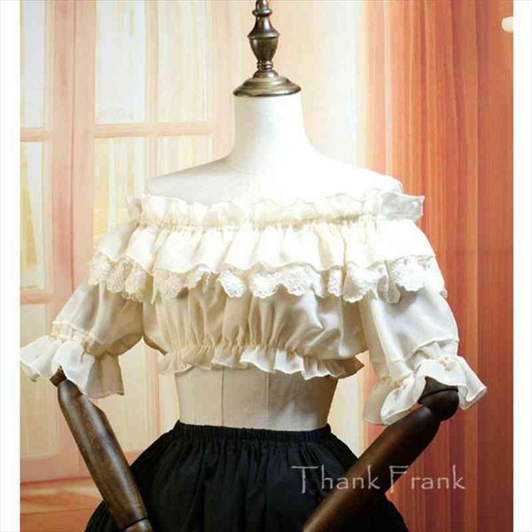 

lace ruffle summer womens blouses crop short sleeve chiffon sweet slash neck retro janpanese style bottoming shirt, White