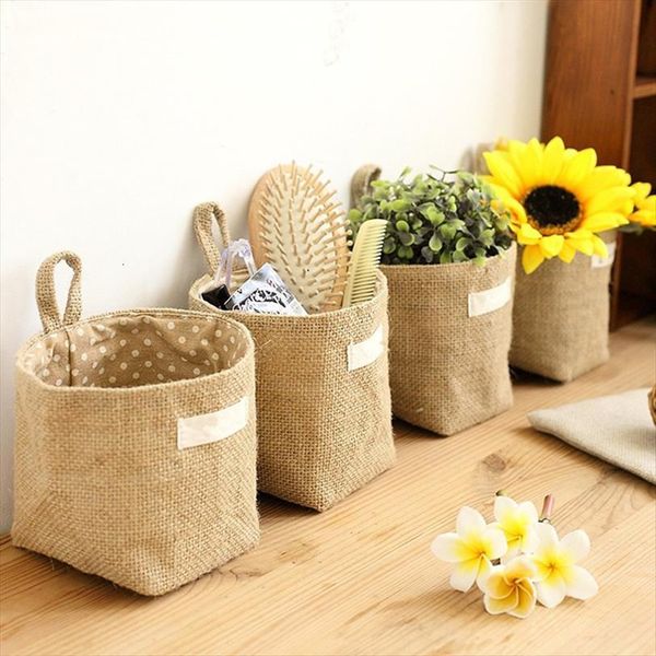 

large capacity women cosmetic bags box wall hanging jute cotton linen sundries basket bag