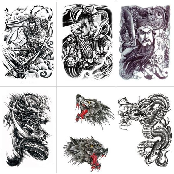 

tattoo paste flower arm half guangong wukong great saint erlang dragon wolf black large pattern water transfer sticker