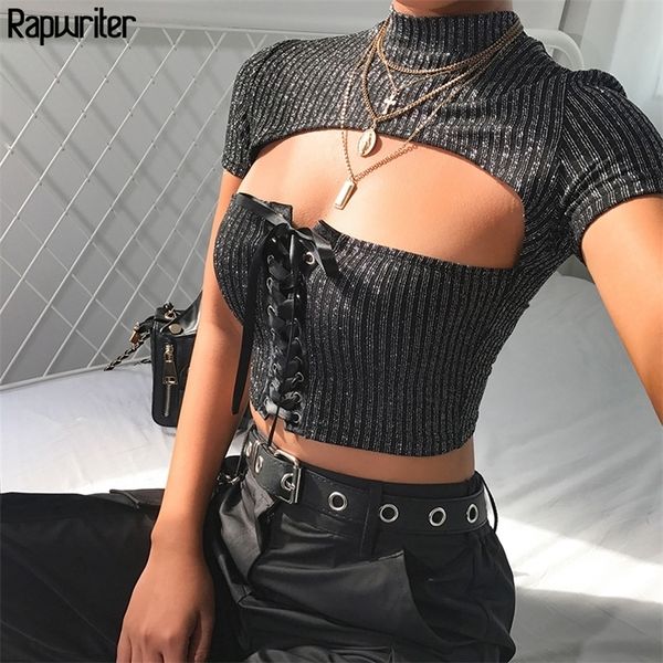 

rapwriter skinny cross lace-up hollow out elastic glitter silver striped female summer short sleeve bandage t-shirt 210315, White