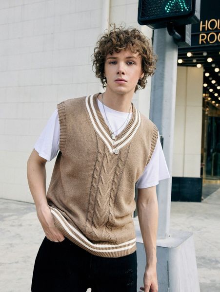 

romwe guys striped trim cable knit sweater vest without tee 66p3#, White;black