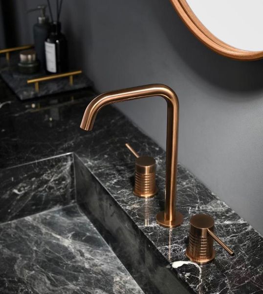 

bathroom sink faucets luxury brass brushed rose gold faucet 3 holes 2 handles basin mixer tap fashion design artistic