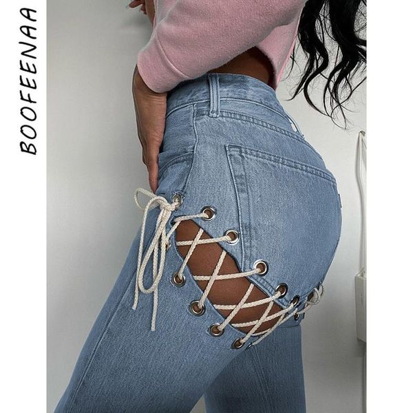 

women's pants & capris boofeenaa cutout tie up mom jeans woman streetwear high waist blue denim straight trousers y2k spring 2021 c69-g, Black;white