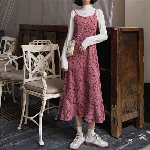 

2021 new slim and high suspender autumn korean mid long floral dress, Gray