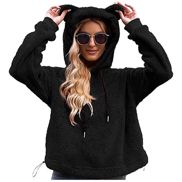 

women's hoodies & sweatshirts ladies double-sided fleece short plush drawstring kawaii cat ear oversized winter thick warm sweatershirt, Black