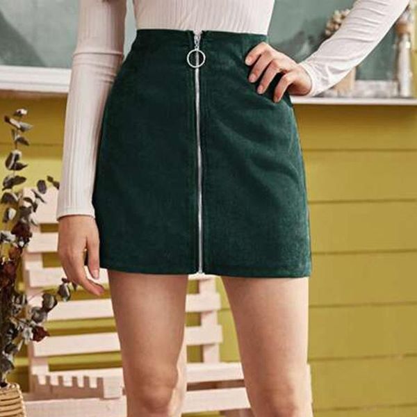 

skirts women zipper high waist corduroy fashion girls uniform mini skirt midi elascity casual party vintage, Black