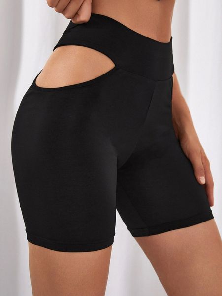 

cutout waist solid biker shorts f5fk#, Black