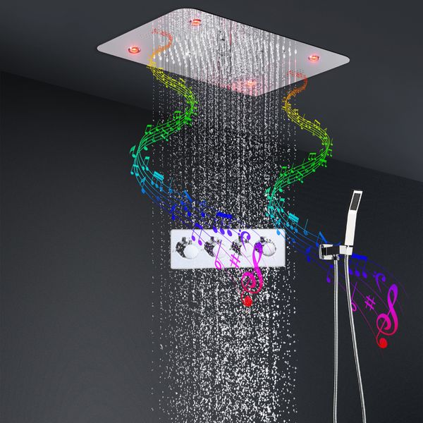 Embedded teto montado em diodo em branco diodo em branco chuveiro chuveiro névoa banho de banho de spray conjunto de chuveiro de música 3funcções torneiras misturador termostático