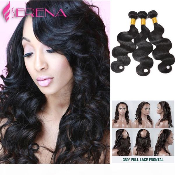 

pre plucked 360 lace frontal with bundles 4 pcs peruvian body wave natural hair line 360 lace frontal with bundles wavy, Black;brown