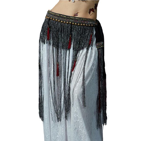 

new arrivals bellydance clothes gypsy costume accessories fringe wrapped belts hip scarf tribal belly dance belt long tassels, Black;red