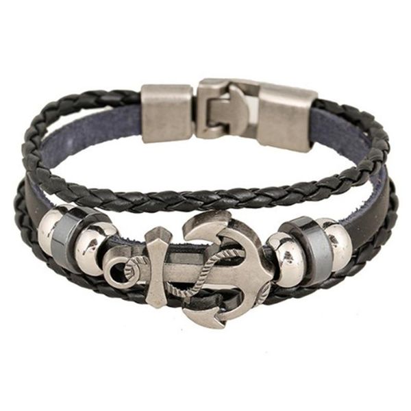 

beaded, strands punk leather bracelet direct sale alloy anchor cowhide jewelry, Black
