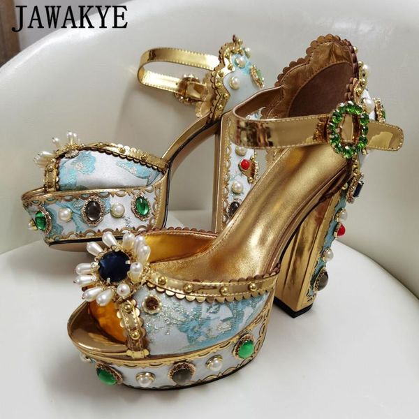 

luxury women gemstone platform sandals embroidery rhinestone super high heel party sandals runway formal bridal wedding shoes, Black
