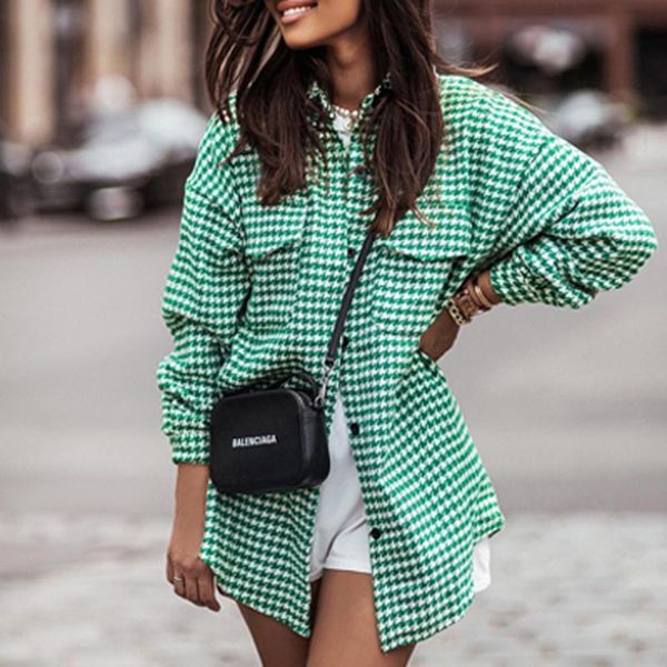 

women's jackets elegant long sleeve coat outerwear 2021 autumn spring houndstooth printed jacket cardigan women turn-down collar button, Black;brown