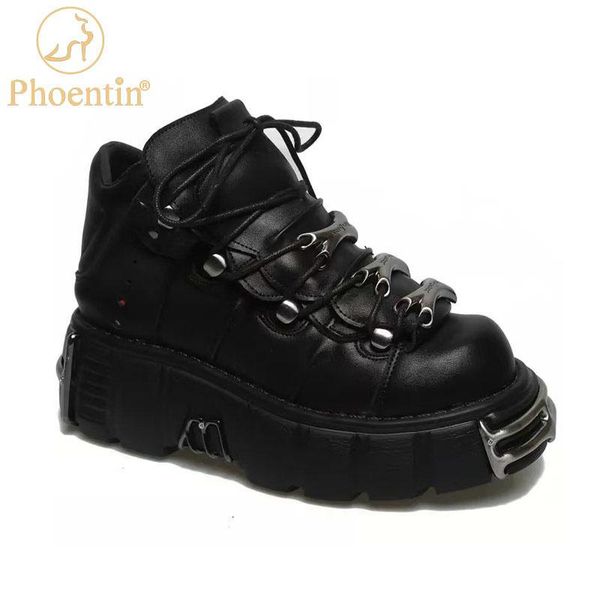 

dress shoes phoentin 2021 punk style women sneakers lace-up 6cm platform female casual metal decoration heels black white ft1400