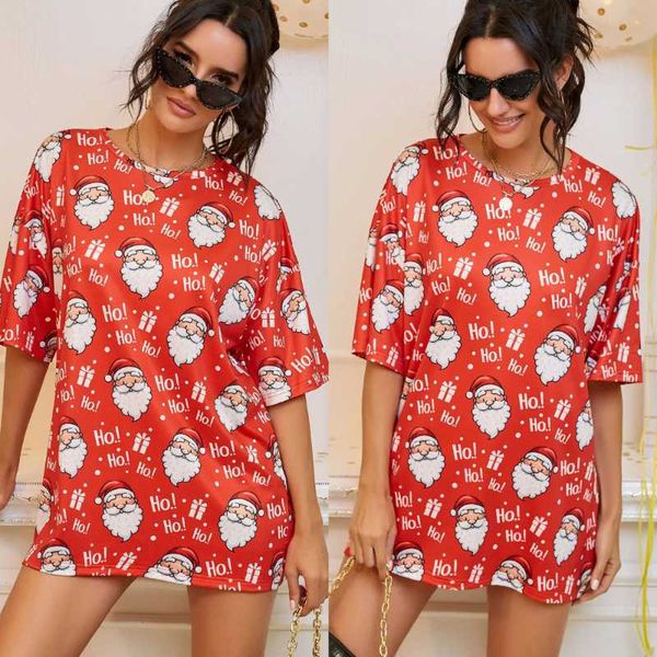 

women's t-shirt chiristmas tshirt mid sleeve round neck red santa print shirts for women oversize long graphic t, White
