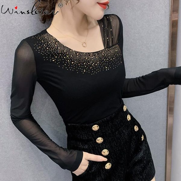 

women's t-shirt spring fall korean style cotton girls fashion patchwork mesh women long sleeve all match tees 2021 t11207a, White
