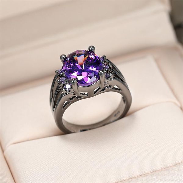 

wedding rings trendy female purple crystal stone ring charm black gold color engagement cute bridal oval zircon for women, Slivery;golden
