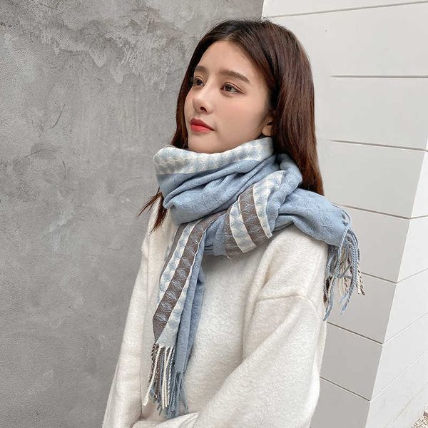 

autumn and winter imitation cashmere scarf shawl dual-purpose long tassel korean fashion student warm thickened bib, Blue;gray