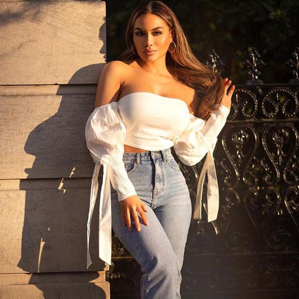 

women's tanks & camis blouse off shoulder strap rope lantern sleeves wrapped chest short shirt crop, White