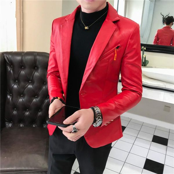 

men's suits & blazers 2021 autumn leather blazer men fashion designer jackets slim fit homme club outfit jacket mens coat, White;black