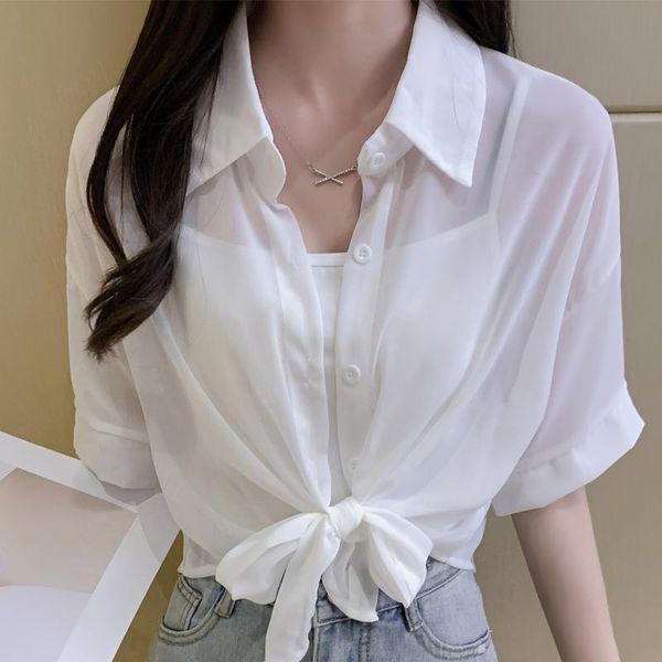 

women's blouses & shirts 2021 summer sunscreen shirt coat women short sleeve loose chiffon blouse ladies casual blusa feminina, White