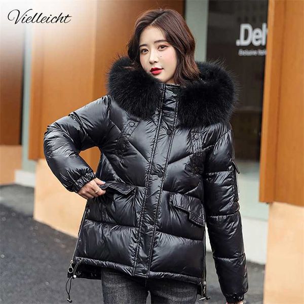 

vielleicht women winter hooded thick short jacket solid casual glossy warm cotton padded parkas fur collar coat 211018, Black