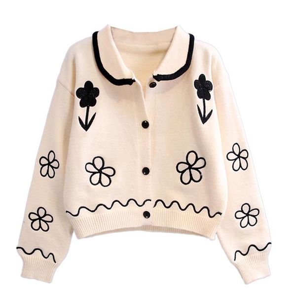 

women's knits & tees autumn winter women cropped cardigan 2021 floral embroidery turn down collar knit sweater coat casual mujer knitwe, White
