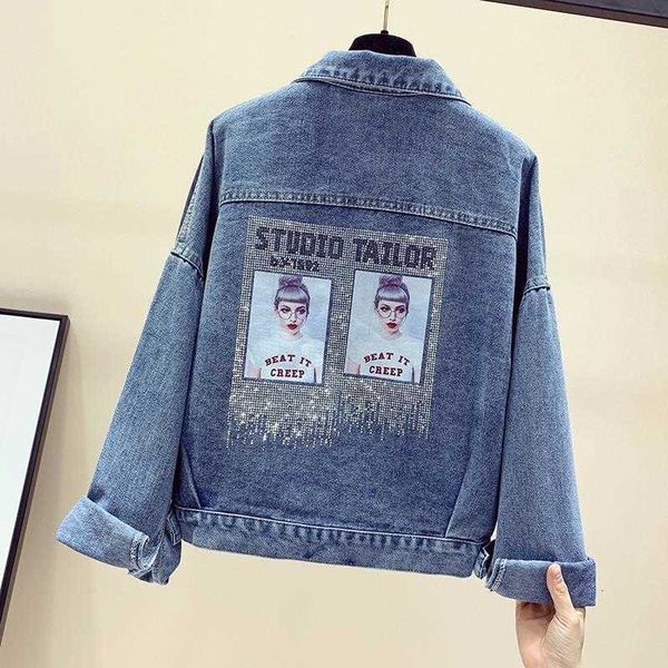

women's jackets character portrait pattern print denim jacket women loose casual long sleeve turn-down collar sequin coats vestido, Black;brown