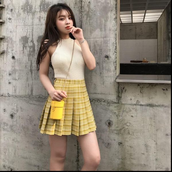 

2021 yellow plaid skirt pleated green skirt high waist a line school female short mini skirts womens korean japanese, Black