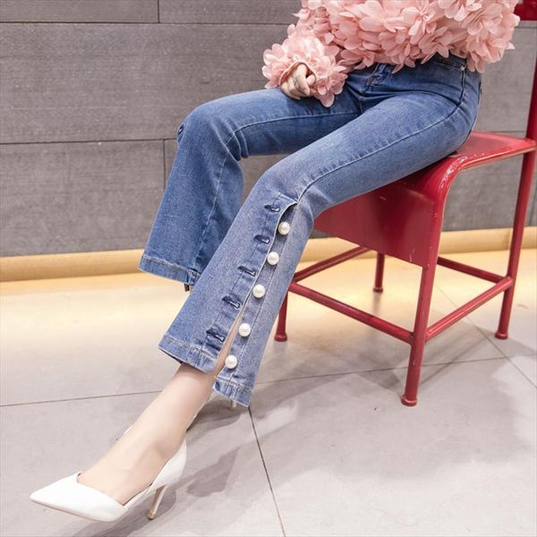 

spring summer blue side women jean stripe beaded nine points micro bell trousers slim stretch flare denim pants s~2xl