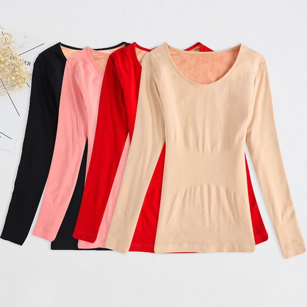

new women 2021 autumn winter underwear o-neck long sleeves seamless shirt female high elastic warm thermal a393r0zb, Black;pink