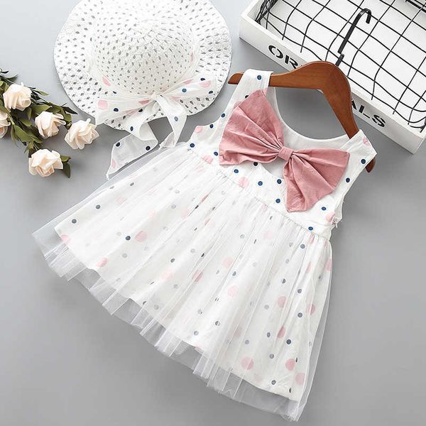 

0-5 years girl dress summer fashion bow dot kid children baby clothing party princess with hat 210615, Red;yellow