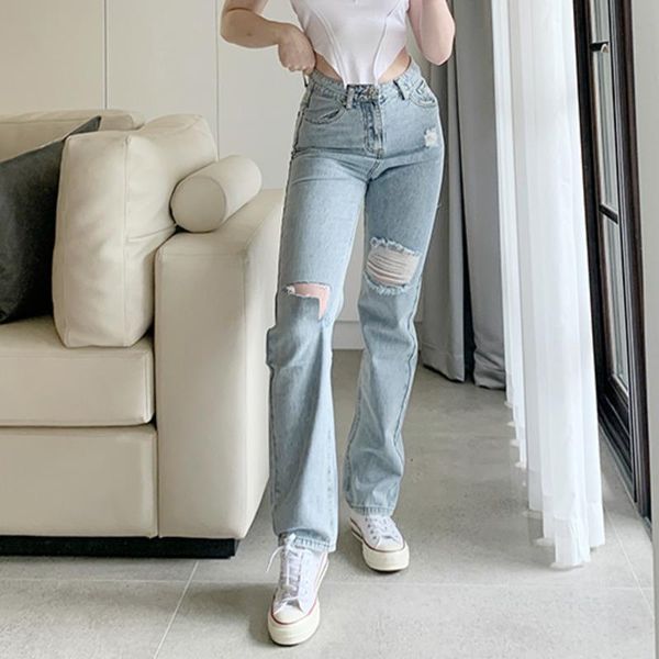 

women's jeans womengaga pierced street summer high waist slim versatile loose straight pants trousers korean h8b2, Blue