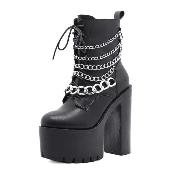 

boots big size 35-42 casual punk women motorcycle fashion chains cross-tied high heels stage shoes autumn winter leather, Black