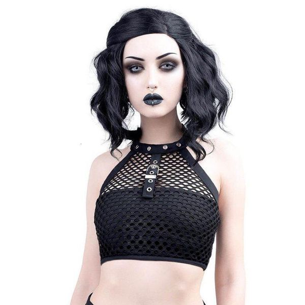 

grid hollow out halter crop women gothic punk style tank black streetwear bodycon summer backless outfit, White
