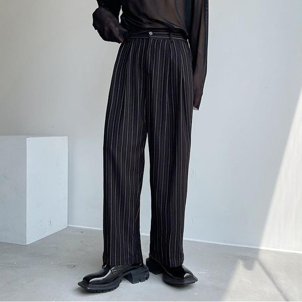 

men's pants wear black striped casual trousers 2021 loose mid waist straight wide leg long male tide autumn winter