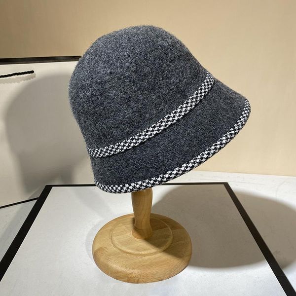 

wide brim hats 2021 autumn and winter retro lattice belt decoration bucket hat woman british elegant knitted warm fisherman, Blue;gray