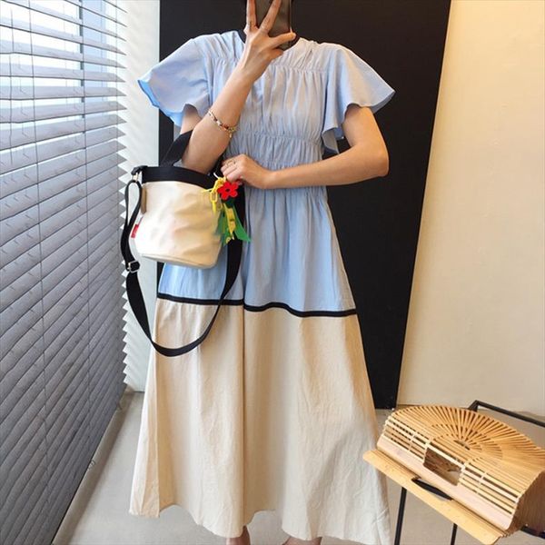 

[ewq] summer korean chic robe women dresses loose trendy clothing elegant gentle o neck color matching design, Black;gray