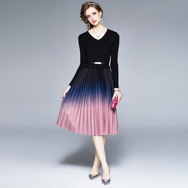 

casual dresses 2021 women office lady a-line patchwork mid-calf elegant o-neck knitting cotton party, Black;gray