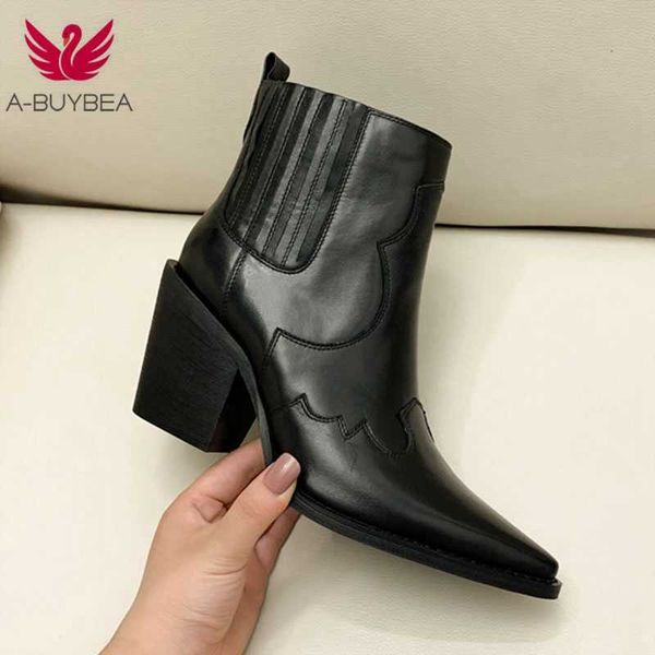 

leather boots women genuine pointed toe mid heel ankle thick square slip on western cowboy 210911, Black