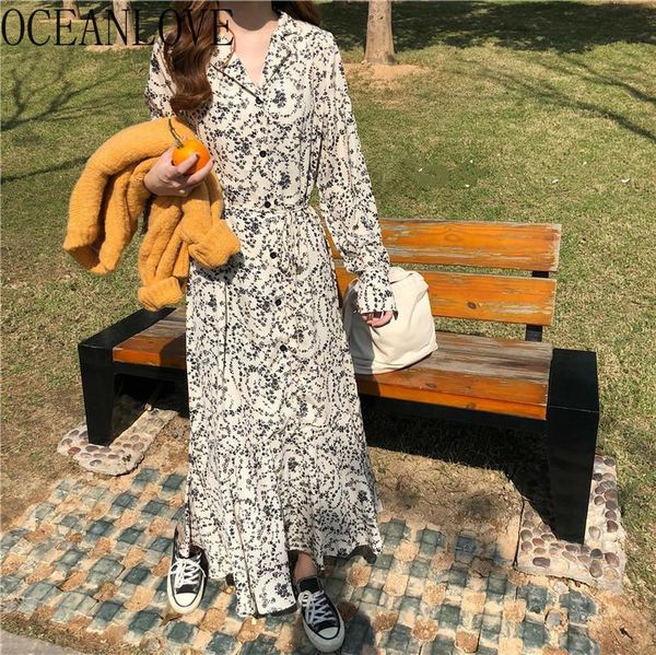 

casual dresses oceanlove autumn 2021 women print v neck lace up vestidos elegant chiffon robes long dress high waist 17526, Black;gray