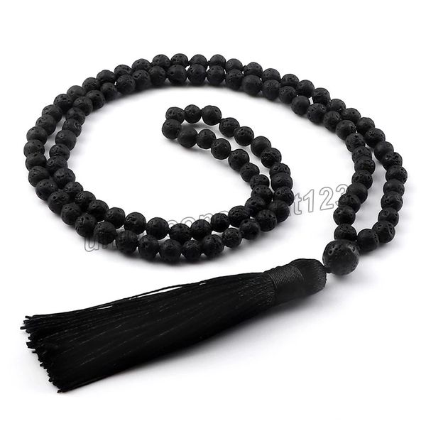 

6mm black lava stone knotted necklace natural 108 mala beads pendant tassel handmade necklace for women men buddha jewelry gift, Silver