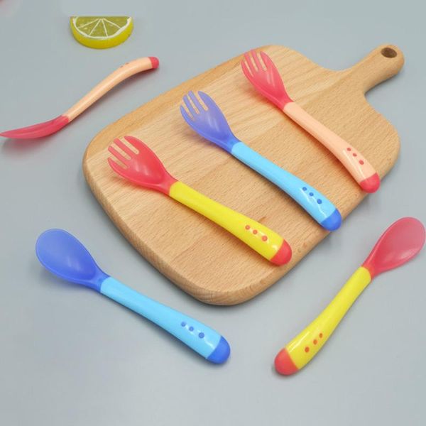 

cups, dishes & utensils 6pcs baby spoon fork feeding temperature sensing soup soft infant children eating training kids tableware