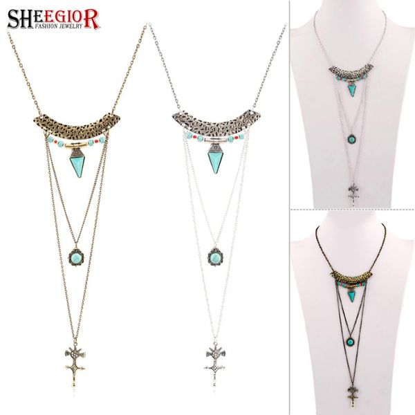 

pendant necklaces boho vintage turquoises moon necklace women accessorise bohemia long tassel cross sweater chain ornaments gift, Silver