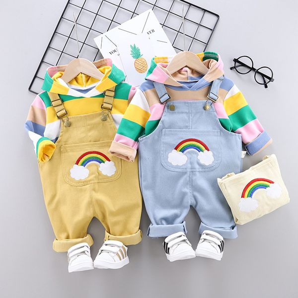 

2021 new cute autumn toddler baby boys girls clothing set 2pcs hooded striped sweatshirt jumper+ raiall overall pants 3 colors 2rob, White